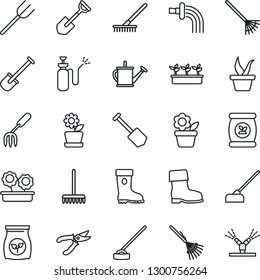 Thin Line Icon Set - job vector, flower in pot, garden fork, shovel, farm, rake, seedling, watering can, pruner, boot, hoe, sprayer, fertilizer, irrigation