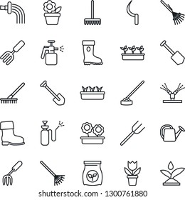 Thin Line Icon Set - job vector, flower in pot, garden fork, farm, rake, watering can, boot, seedling, hoe, sickle, sprayer, fertilizer, irrigation