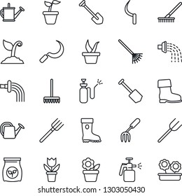 Thin Line Icon Set - job vector, flower in pot, garden fork, farm, rake, seedling, watering can, sproute, boot, sickle, sprayer, fertilizer