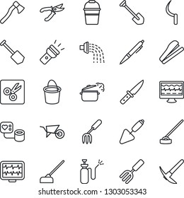 Thin Line Icon Set - job vector, trowel, garden fork, wheelbarrow, bucket, watering, pruner, hoe, sickle, axe, sprayer, monitor pulse, blood pressure, torch, cut, pen, stapler, knife, steaming pan