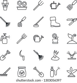 Thin Line Icon Set - job vector, flower in pot, garden fork, shovel, farm, rake, watering can, sproute, pruner, boot, hoe, sickle, sprayer, fertilizer, irrigation