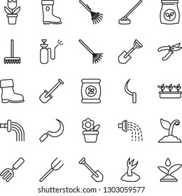 Thin Line Icon Set - job vector, flower in pot, garden fork, shovel, farm, rake, watering, sproute, pruner, boot, seedling, hoe, sickle, sprayer, fertilizer, irrigation