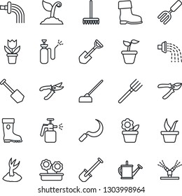 Thin Line Icon Set - job vector, flower in pot, garden fork, shovel, farm, rake, seedling, watering can, sproute, pruner, boot, hoe, sickle, sprayer, irrigation