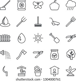 Thin Line Icon Set - job vector, flower in pot, farm fork, fence, rake, tree, watering, pruner, lawn mower, butterfly, water drop, sun, rain, well, hoe, sickle, axe, pumpkin, bird house, fertilizer