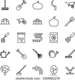 Thin Line Icon Set - job vector, garden fork, shovel, farm, rake, watering can, wheelbarrow, hoe, sickle, pumpkin, greenhouse, seeds, fertilizer, drip irrigation, fruit tree