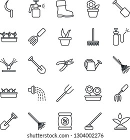 Thin Line Icon Set - job vector, flower in pot, garden fork, shovel, farm, rake, seedling, watering can, pruner, boot, hoe, sickle, sprayer, fertilizer, irrigation