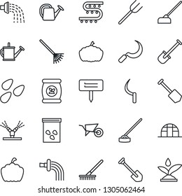 Thin Line Icon Set - job vector, shovel, farm fork, rake, watering can, wheelbarrow, hoe, sickle, plant label, pumpkin, greenhouse, seeds, fertilizer, drip irrigation