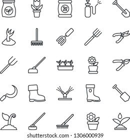 Thin Line Icon Set - job vector, flower in pot, garden fork, farm, rake, sproute, pruner, boot, seedling, hoe, sickle, sprayer, fertilizer, irrigation