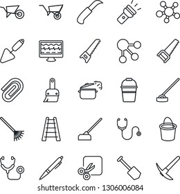 Thin Line Icon Set - job vector, trowel, rake, ladder, wheelbarrow, bucket, saw, hoe, garden knife, monitor pulse, stethoscope, share, themes, torch, cut, paper clip, pen, steaming pan, social media