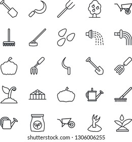 Thin Line Icon Set - job vector, garden fork, farm, rake, watering can, wheelbarrow, sproute, hoe, sickle, pumpkin, greenhouse, seeds, fertilizer, fruit tree, irrigation