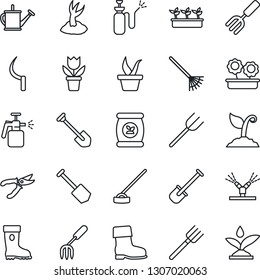 Thin Line Icon Set - job vector, flower in pot, garden fork, shovel, farm, rake, seedling, watering can, sproute, pruner, boot, hoe, sickle, sprayer, fertilizer, irrigation