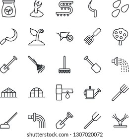 Thin Line Icon Set - job vector, garden fork, shovel, farm, rake, watering can, wheelbarrow, sproute, hoe, sickle, greenhouse, seeds, fertilizer, drip irrigation, fruit tree