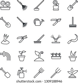 Thin Line Icon Set - job vector, shovel, farm fork, rake, seedling, watering can, sproute, pruner, hoe, sickle, garden sprayer, flower in pot, irrigation