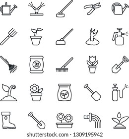 Thin Line Icon Set - job vector, flower in pot, shovel, farm fork, rake, seedling, watering can, sproute, pruner, boot, hoe, garden sprayer, fertilizer, irrigation