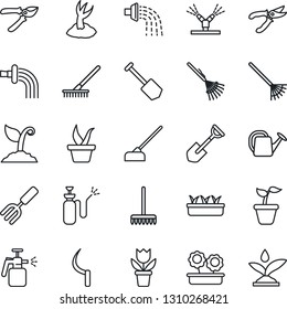 Thin Line Icon Set - job vector, flower in pot, garden fork, shovel, rake, seedling, watering can, sproute, pruner, hoe, sickle, sprayer, irrigation