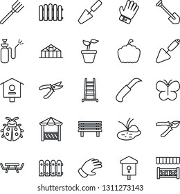 Thin Line Icon Set - job vector, trowel, farm fork, fence, ladder, seedling, pruner, glove, butterfly, lady bug, garden knife, bench, pumpkin, greenhouse, pond, picnic table, bird house, sprayer