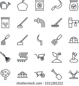 Thin Line Icon Set - job vector, garden fork, rake, watering can, wheelbarrow, sproute, hoe, sickle, pumpkin, greenhouse, seeds, fertilizer, drip irrigation, fruit tree