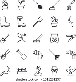 Thin Line Icon Set - job vector, flower in pot, garden fork, shovel, farm, rake, seedling, watering, sproute, pruner, boot, hoe, sickle, fertilizer, irrigation