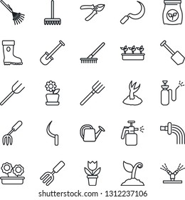 Thin Line Icon Set - job vector, flower in pot, garden fork, shovel, farm, rake, watering can, sproute, pruner, boot, seedling, sickle, sprayer, fertilizer, irrigation