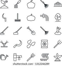 Thin Line Icon Set - job vector, garden fork, farm, rake, watering can, sproute, hoe, sickle, pumpkin, greenhouse, seeds, fertilizer, drip irrigation, fruit tree