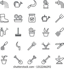Thin Line Icon Set - job vector, flower in pot, garden fork, shovel, farm, rake, seedling, watering can, pruner, boot, sickle, sprayer, fertilizer, irrigation