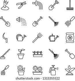 Thin Line Icon Set - job vector, flower in pot, garden fork, shovel, farm, rake, seedling, watering can, sproute, pruner, hoe, sickle, sprayer, fertilizer, irrigation