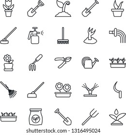 Thin Line Icon Set - job vector, flower in pot, garden fork, shovel, farm, rake, seedling, watering can, sproute, pruner, hoe, sickle, sprayer, fertilizer, irrigation