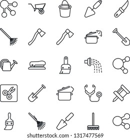 Thin Line Icon Set - job vector, trowel, shovel, rake, watering can, wheelbarrow, bucket, garden knife, axe, stethoscope, share, themes, cut, drawing pin, stapler, steaming pan, social media