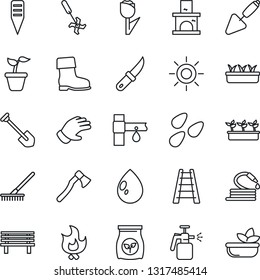 Thin Line Icon Set - job vector, trowel, rake, ladder, seedling, glove, boot, fire, water drop, sun, hose, garden knife, axe, plant label, bench, fireplace, seeds, sprayer, fertilizer, ripper, tulip