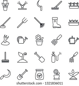 Thin Line Icon Set - job vector, flower in pot, garden fork, shovel, farm, rake, watering can, sproute, boot, seedling, hoe, sickle, sprayer, fertilizer, irrigation