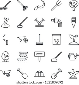 Thin Line Icon Set - job vector, shovel, farm fork, rake, watering can, wheelbarrow, sproute, hoe, sickle, plant label, greenhouse, seeds, drip irrigation, fruit tree