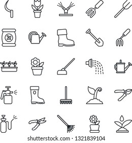 Thin Line Icon Set - job vector, flower in pot, garden fork, farm, rake, watering can, sproute, pruner, boot, seedling, hoe, sickle, sprayer, fertilizer, irrigation