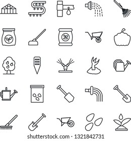 Thin Line Icon Set - job vector, shovel, rake, watering can, wheelbarrow, sproute, hoe, plant label, pumpkin, greenhouse, seeds, fertilizer, drip irrigation, fruit tree