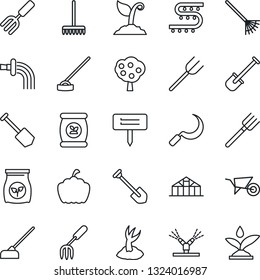 Thin Line Icon Set - job vector, garden fork, shovel, farm, rake, wheelbarrow, watering, sproute, hoe, sickle, plant label, pumpkin, greenhouse, fertilizer, drip irrigation, fruit tree