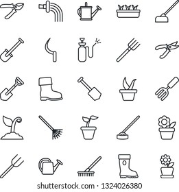 Thin Line Icon Set - job vector, flower in pot, garden fork, shovel, farm, rake, seedling, watering can, sproute, pruner, boot, hoe, sickle, sprayer