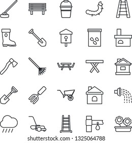 Thin Line Icon Set - job vector, garden fork, shovel, rake, ladder, wheelbarrow, bucket, watering, boot, lawn mower, house, rain, hoe, axe, bench, fireplace, seeds, caterpillar, picnic table, bird