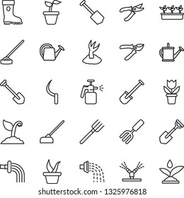 Thin Line Icon Set - job vector, flower in pot, garden fork, shovel, farm, seedling, watering can, sproute, pruner, boot, hoe, sickle, sprayer, irrigation