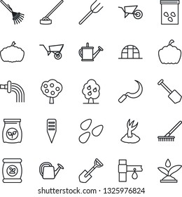 Thin Line Icon Set - job vector, shovel, farm fork, rake, watering can, wheelbarrow, sproute, hoe, sickle, plant label, pumpkin, greenhouse, seeds, fertilizer, drip irrigation, fruit tree
