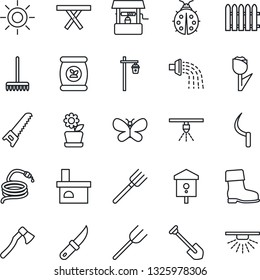 Thin Line Icon Set - job vector, farm fork, fence, rake, watering, boot, saw, butterfly, lady bug, sun, well, hose, sickle, garden knife, axe, light, fireplace, picnic table, bird house, fertilizer