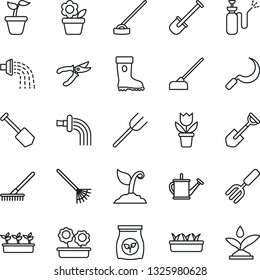 Thin Line Icon Set - job vector, flower in pot, garden fork, shovel, farm, rake, seedling, watering can, sproute, pruner, boot, hoe, sickle, sprayer, fertilizer, irrigation