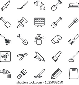 Thin Line Icon Set - job vector, pencil, garden fork, shovel, farm, rake, watering, pruner, glove, saw, hoe, knife, sprayer, monitor pulse, scalpel, torch, cut, drawing pin, stapler, rolling