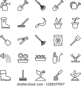 Thin Line Icon Set - job vector, garden fork, shovel, farm, rake, seedling, watering can, sproute, pruner, boot, sickle, sprayer, fertilizer, flower in pot, irrigation