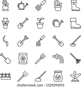 Thin Line Icon Set - job vector, flower in pot, garden fork, shovel, farm, rake, seedling, watering can, boot, hoe, sickle, fertilizer, irrigation