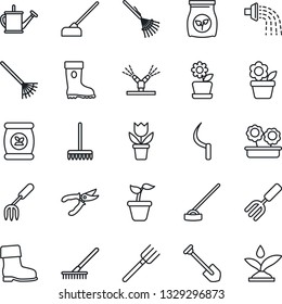 Thin Line Icon Set - job vector, flower in pot, garden fork, farm, rake, seedling, watering can, pruner, boot, hoe, sickle, fertilizer, irrigation