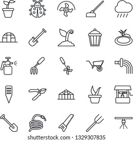 Thin Line Icon Set - job vector, garden fork, shovel, farm, ripper, seedling, wheelbarrow, watering, sproute, pruner, saw, lady bug, rain, well, hose, hoe, plant label, light, greenhouse, pond