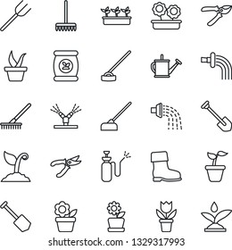 Thin Line Icon Set - job vector, flower in pot, farm fork, rake, seedling, watering can, sproute, pruner, boot, hoe, garden sprayer, fertilizer, irrigation