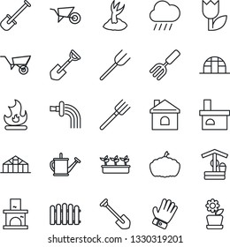 Thin Line Icon Set - job vector, garden fork, shovel, farm, fence, watering can, wheelbarrow, sproute, glove, fire, house, seedling, rain, well, pumpkin, fireplace, greenhouse, tulip, flower in pot