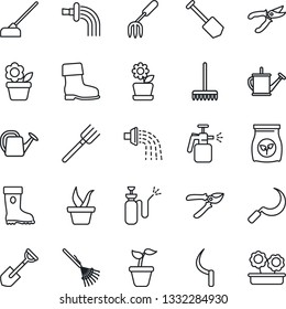 Thin Line Icon Set - job vector, flower in pot, garden fork, shovel, farm, rake, seedling, watering can, pruner, boot, hoe, sickle, sprayer, fertilizer
