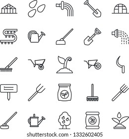 Thin Line Icon Set - job vector, shovel, farm fork, rake, watering can, wheelbarrow, sproute, hoe, sickle, plant label, greenhouse, seeds, fertilizer, drip irrigation, fruit tree