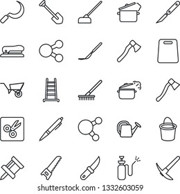 Thin Line Icon Set - job vector, rake, ladder, watering can, wheelbarrow, bucket, saw, hoe, sickle, garden knife, axe, sprayer, scalpel, share, cut, drawing pin, pen, stapler, cutting board